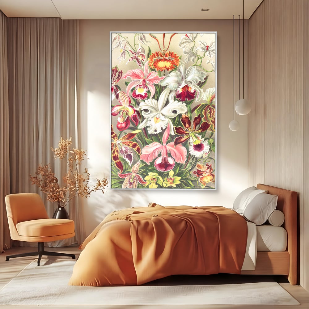 Tablou canvas cu ilustratie botanica cu orhidee multicolore, in rama de aluminiu argintiu, pe perete intr-un dormitor